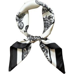 Silk Feel White Flowers Edge Satin Square Head Scarf for Women Medium 28 Inch